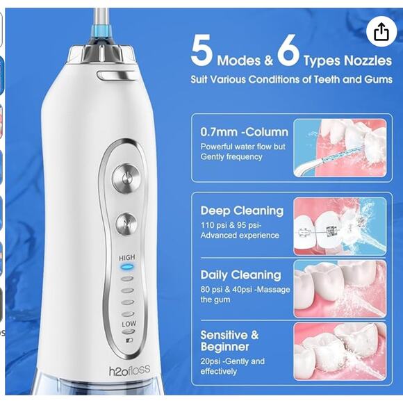 Dental Flosser 5 Modes, 6 Replaceable Tips, Rechargeable 300ml - Picture 2 of 6